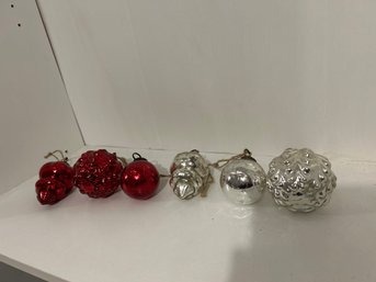 Lot Of 6 Vintage Glass Ornaments Heavy (red & Silver)