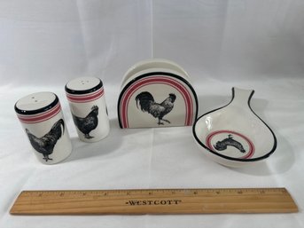 Vintage Canterbury Potteries Country Rooster Napkin Holder Salt & Pepper Shakers & Spoon Rest