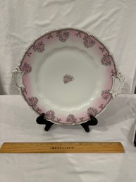 Antique Pink Floral LS & S Carlsbad Austria Handled Round Cake Plate Gold Details On Scalloped Trim