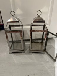 Set Of 2 17 Inch Silver Square Pillar Candle Lanterns 7 Inch Square