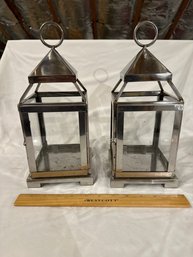 Set Of 2 12 Inch Silver Square Pillar Candle Lanterns 5 Inch Square