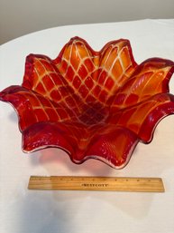 Vintage Art Glass Ruffled Centerpiece Bowl Plate Red And Orange