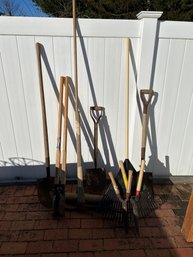 Lot Of Outdoor Tools Shovels,rake, Pick,hedge Clippers Posthole Digger And Broom