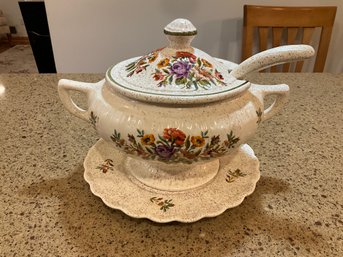 Vintage Pottery Speckled Floral Soup Tureen & Ladle