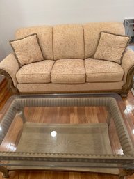 Vintage Benchcraft 3 Cushion 82 Inch Sofa And Ornate Glass Top Coffee Table