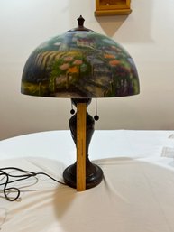 23 Inch Dual Light Double Pull Chain Thomas Kinkade Reverse Painted Glass Table Lamp In Beautiful Condition