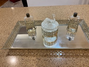 Vintage Jeannette Glass Co Mirrored Dresser Tray Swan Powder Jar And 2 Perfume Bottles