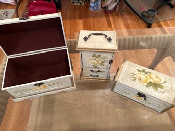 Set Of 3 Distressed Painted Yellow Rose Jewelry Boxes Trinket Chests