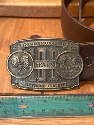 Commemorating 100 Years Telephone Industry Bicentennial Belt Buckle 1876-1976 On Size 44 Brown Leather