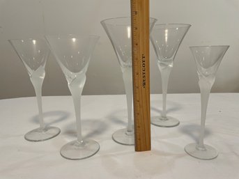 4 Wine Glasses, Frosted And Clear Glass Plus 1 Apertif Glass