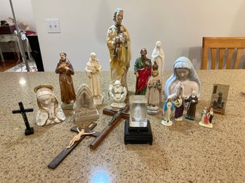 Lot Of 18 Religious Figurines, Crosses And Statues Of Mary See All Photos