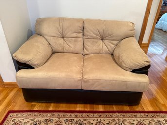Comfy 2 Cushion 57 Inch Loveseat Beige With Dark Brown Faux Leather