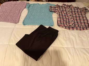 Lot Of Ladies Size Medium Clothing  3 Shirts 1 Pair Of Pull On Brown Pants