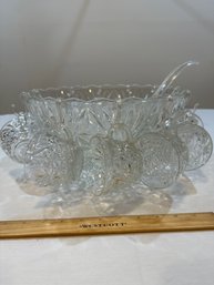 Vintage Round Pressed Glass Punch Bowl Set With 12 Handled Cups Plastic Ladle