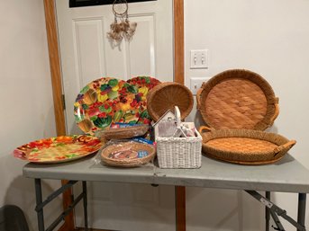 Large Lot Of Assorted Bamboo Plastic And Wood Server Plates With Plastic Silverware Holding Basket