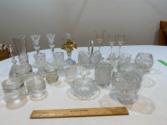 Large Lot Of Cut Glass Crystal Pressed Blown Glass Candle Holders Vases Trinket Catch All Dishes See Photos
