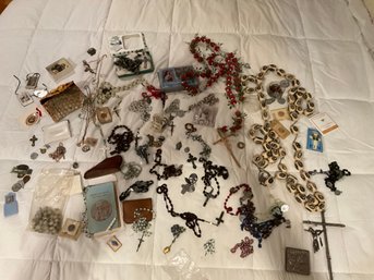 Huge Lot Of Rosary Beads Saint Pins And More See Photos