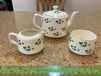 Irish Carrigaline Pottery Tea Set Clover Design Teapot Sugar Bowl Creamer
