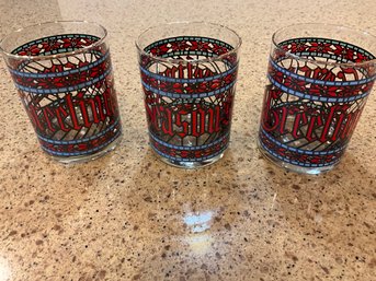 3 Vintage Houze Highball Glasses Stained Glass Seasons Greetings Happy Holidays