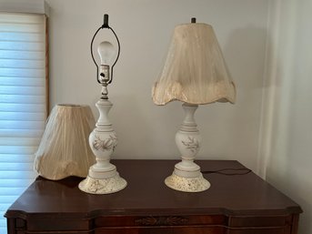 Pair Of Antique Hand Painted Milk Glass Table Lamps