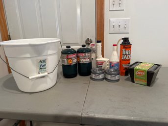 Surprise Bucket Two Propane Tanks Two Sterno Citronella Candle Brand New Tire Sealer Gas Gum Out Gas Antifreez