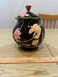 April Cornell Certified International Black Floral Canister 11in With Lid Excellent