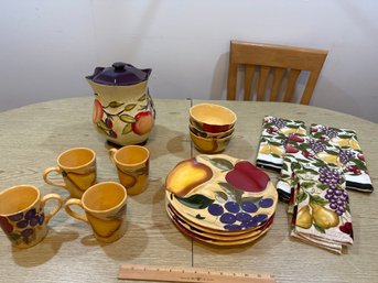 Vintage Gibson Fruit Plates Bowls And Mugs Plus Canister And Kitchen Towels See Photos