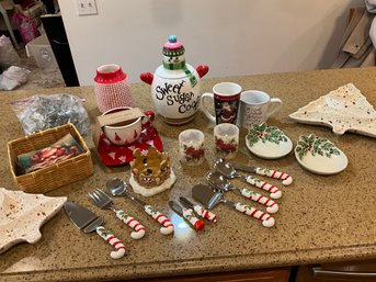 Lot Of Christmas Kitchen Wares Dishes Cookie Jar Cookie Cutters Candle Holders And More