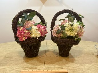 Set Of 2 Decorative Spring Summer Baskets With Faux Hydrangeas