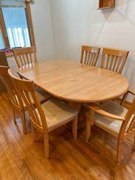 72 Inch Premier Atlantis Blonde Maple Dining Table With Interior Leaf Sand 2 Arm And 4 Side Slate Back Chairs