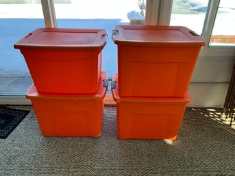 4 Orange Sterilite Bins X 1 18 Gallon And 3 22 Gallon Latch Top Storage Totes