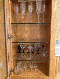 Cabinet Glass Lot Champagne Flutes Shot Glasses Wine Glasses Pitcher And Sugar Bowl See Photos