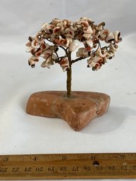 Vintage MCM Style Twisted Copper Wire Fortune Tree Shell Leaves Natural Stone Base
