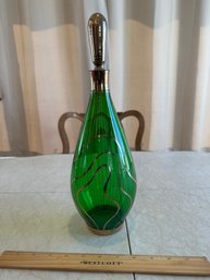 Emerald Green Bohemian Gilded Vintage Glass Vases Mid Century Modern Decanter With Stopper