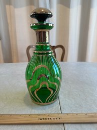 Emerald Green Hand Made Bohemian Gilded Vintage Glass Vases Mid Century Modern Decanter With Stopper