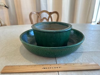 Vintage Green Drip Glaze Round Planter And Green Dish