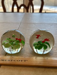 Vintage Set Of 2 Hand Blown Art Glass Paperweights Koi Fish Flower Bubbles