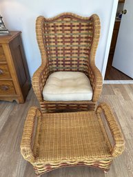 Vintage Ivy League Plaid Rattan Wing Chair Hand Made In The Philippines With Ottoman And Cushion Excelkent
