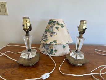 Vintage Set Of 2 1930s Art Deco 14 In Boudoir Lamp Stacked Glass With Brass And Floral Lamp Shades