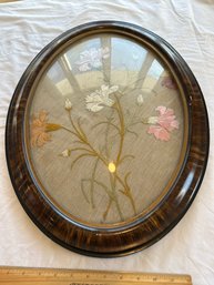 Vintage Large Oval Frame Tray With Embroidery Under Con-curve Glass