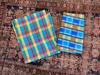 2 Cute Plaid Rectangle Tablecloths One Linen One Plastic - Great For Spring