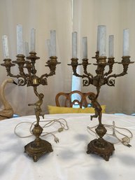 Antique Set Of 2 - 5 Bulb Candelabra Brass 23 Inch Table Lamps Made In Spain All Original