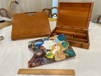 Vintage Painters Box With Pallet And A Folding Portable Wood Easel