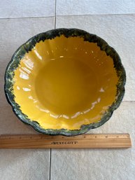 Vintage USA Pottery #916 Serving Bowl With Drip Glaze Colorful Yellow Greens