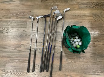 Lot Of 8 Assorted Golf Clubs And Bag Of Golf Balls