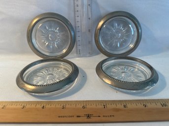 Vintage Set Of Four Crystal And Silverplate Coasters Ashtrays