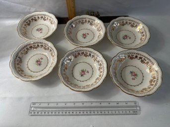 Set Of 6 Vintage Stetson American Beauty Floral & 22 Carat Gold Laurel 6in Coupe Cereal Bowls