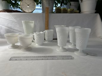 Vintage Mid Century White And Milk Glass Lot Footed Milk Glass Goblets Vases Dessert Cups Pitcher See Photos