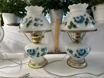 Vintage Pair Of 2 White And Blue Hurricane Lamps, Milk Glass Lamps With Blue Roses, Hand Painted No Hurricane
