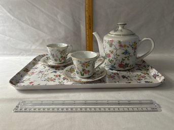 Vintage Andrea By Sadek Japan Porcelain Chintz Floral Tea Set Teapot 2 Teacups  & Saucers And Serving Tray